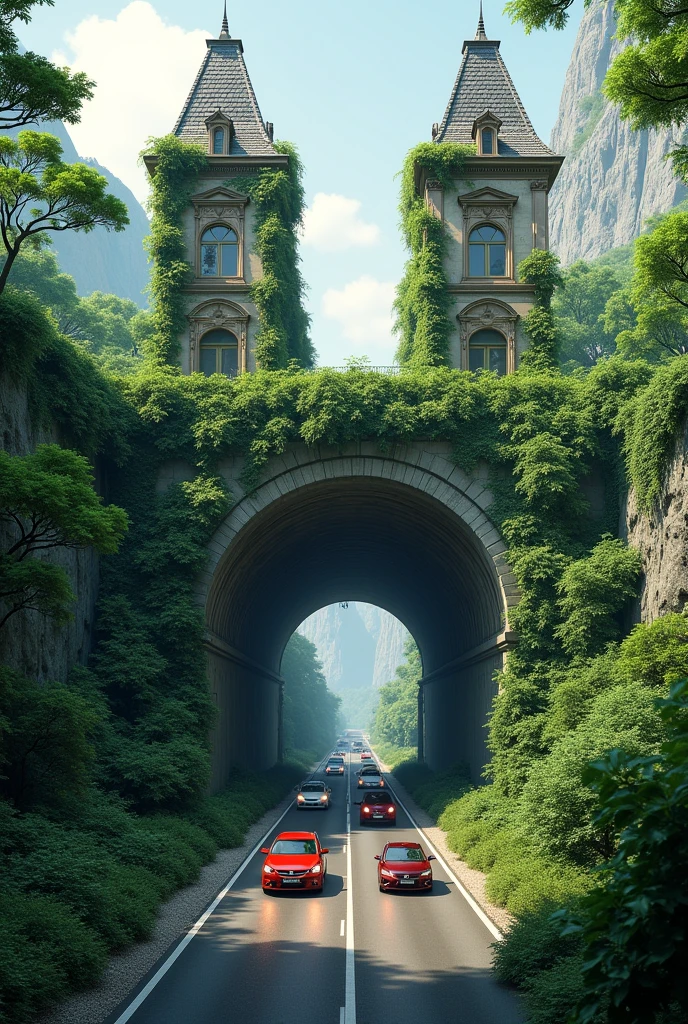 A tunnel with two building on top of it covered in greenery and cars passing through the tunnel on the road