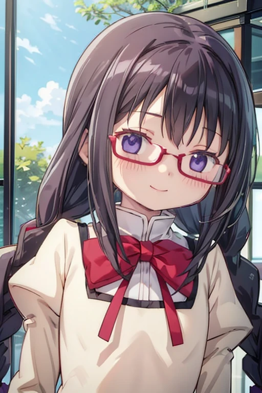 (high quality、masterpiece)、One Girl、anime、ultra hi resolution picture、Depth of written boundary、smile、cute、View your viewers、Outdoor、Glasses、Twin braids、whole body、homura akemi、