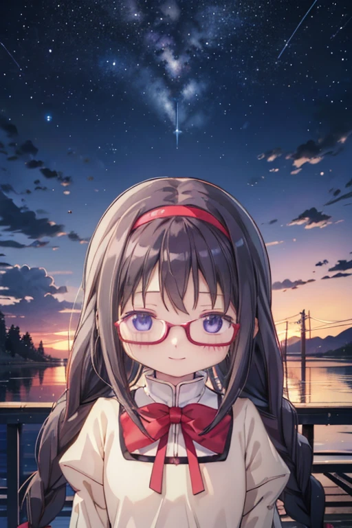 (high quality、masterpiece)、One Girl、anime、ultra hi resolution picture、Depth of written boundary、smile、cute、View your viewers、Outdoor、Glasses、Twin braids、whole body、homura akemi、