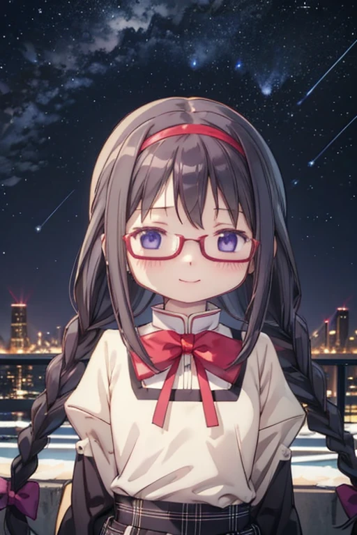 (high quality、masterpiece)、One Girl、anime、ultra hi resolution picture、Depth of written boundary、smile、cute、View your viewers、Outdoor、Glasses、Twin braids、whole body、homura akemi、