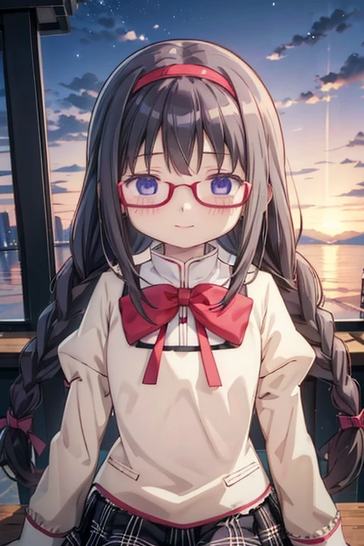 (high quality、masterpiece)、One Girl、anime、ultra hi resolution picture、Depth of written boundary、smile、cute、View your viewers、Outdoor、Glasses、Twin braids、whole body、homura akemi、