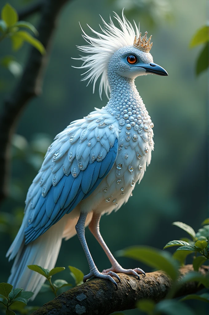 A beautiful white and blue bird with pearls and dimonds on whole body wearing beautiful small crown sitting on tree