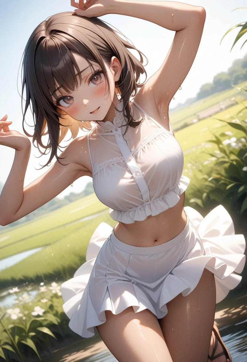 (((A woman playing in midsummer in Japan))), (((She is wearing a long, thin, white blouse, a white flared skirt, and sandals.))), See-through, ((Shiny Costumes)), skindentation, skinny, solo, 1 woman, Masterpiece, highest quality, highest quality, 16K, incredibly absurd, highly detailed, 2.5D, ai-generated, delicate and dynamic, very delicate facial expressions, delicate eye depiction, erotic, only sexy woman, ((A cute and kind face)), healthy figure, ((25-year-old woman)), 160cm tall, medium firm swaying bust, Dark Hair, blush, Sweat,Embarrassed,sexy, ((thin thighs)),, shiny and lustrous, facing straight at viewer, (((in heat))), ((Oily_skin)), ((Lots of sweat)), (((Brown Skin))), ((dutch angle)), ((erotic pose)), ((On a hot summer afternoon on a bank in the Japanese countryside)),, (((Very dynamic pose))),