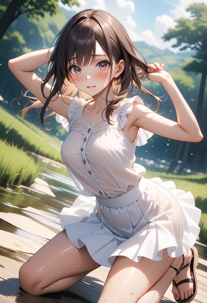 (((A woman playing in midsummer in Japan))), (((She is wearing a long, thin, white blouse, a white flared skirt, and sandals.))), See-through, ((Shiny Costumes)), skindentation, skinny, solo, 1 woman, Masterpiece, highest quality, highest quality, 16K, incredibly absurd, highly detailed, 2.5D, ai-generated, delicate and dynamic, very delicate facial expressions, delicate eye depiction, erotic, only sexy woman, ((A cute and kind face)), healthy figure, ((25-year-old woman)), 160cm tall, medium firm swaying bust, Dark Hair, blush, Sweat,Embarrassed,sexy, ((thin thighs)),, shiny and lustrous, facing straight at viewer, (((in heat))), ((Oily_skin)), ((Lots of sweat)), (((Brown Skin))), ((dutch angle)), ((erotic pose)), ((On a hot summer afternoon on a bank in the Japanese countryside)),, (((Very dynamic pose))),