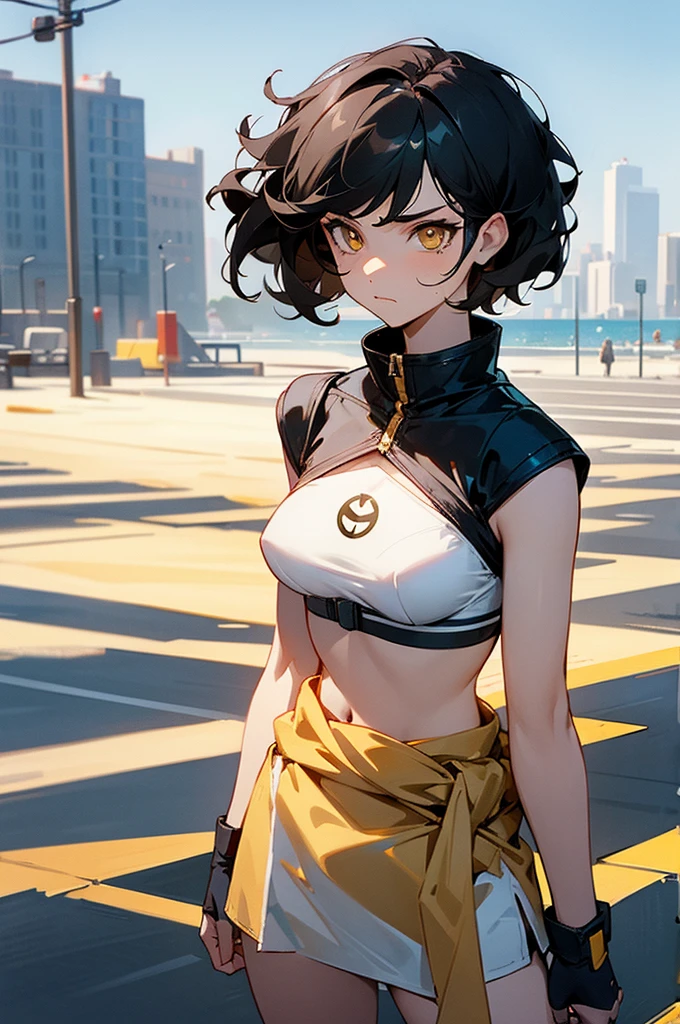 1female , undercut hair , wavy hair ,short hair, black Hair , golden Eyes , lean build , female , Serious Expression , Modern City Background , modern city background,White Bra with A superman S symbol , Tied Skirt Around Waist , No Pants, beach wear