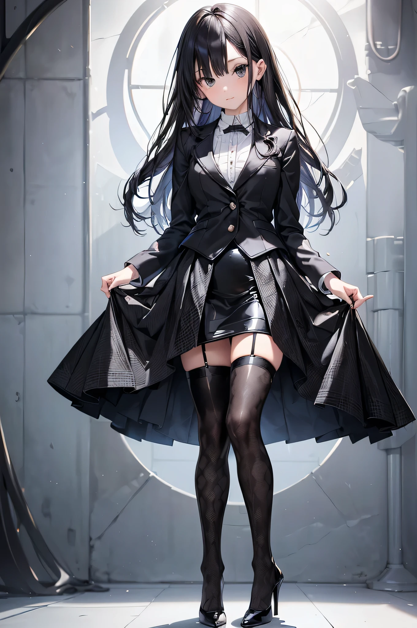 ((Biologically correct limb count)),(( From head to toe,Full-body photo including face)),4K,((Standing position)),masterpiece,((Focus on the face)),((Symmetrical facial features)),Eyes with detailed description,Beautiful woman,Great style,Beautiful arms,Beautiful legs,Beautiful Hands,(Small Ass,Thin thighs),Facial detailing,Small earrings,necklace,(Tricolor patent leather blazer,Checked mini skirt((Black high heels,Black patterned stockings))),Realistic photo,Stand at an angle,Low angle photo