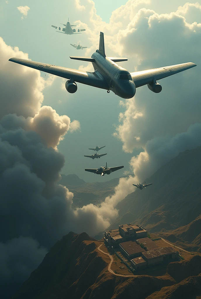 dramatic aerial view from behind the bomber as bombs are released. The camera follows the bombs in slow motion as they fall towards the village and the military base.