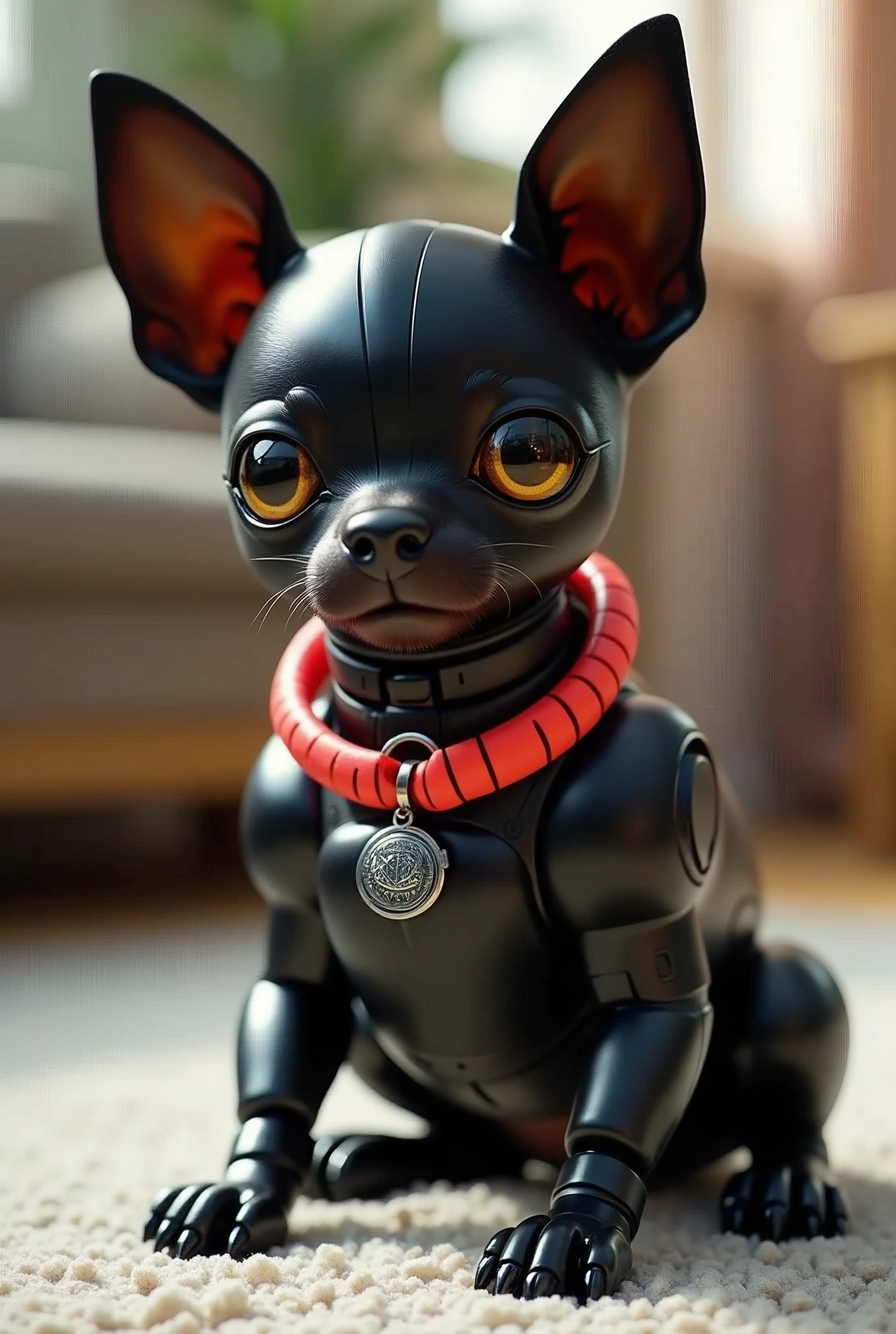 A   Hyperrealism, full body close-up shot of a robotically enhanced Chihuahua, its adorable black head with big golden eyes and a sweet expression, perched atop a sleek black metallic body with silver accents thick neon red dog color around the neck with a digital dog tag that is red with gleaming robotic legs but realistic black paws. playing on the carpeted floor in a living room, The stark contrast between organic and synthetic features creates an intriguing visual dichotomy, inviting the viewer to ponder the intersection of technology and cuteness, retina, accurate, masterpiece, super detail, high details, best quality, award winning, highres, HD, 4K, 8k, 16k, realistic