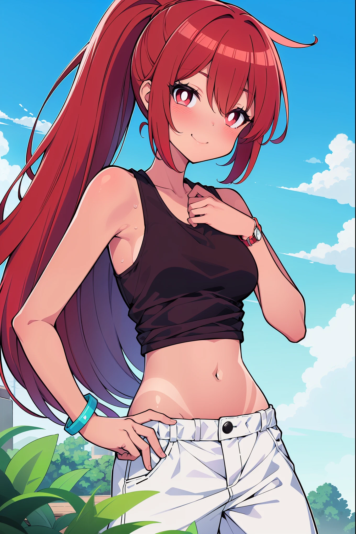sfw, cowboy shot, (ultra-high resolution, depth of field:1.3), 1woman, (tanned skin:1.2), ((light red hair)), ponytail, (red eyes:1.1), white pupils, medium breasts, tank top, sport jacket, pants, bracelet, outdoors scenery, gentle smile, blushing