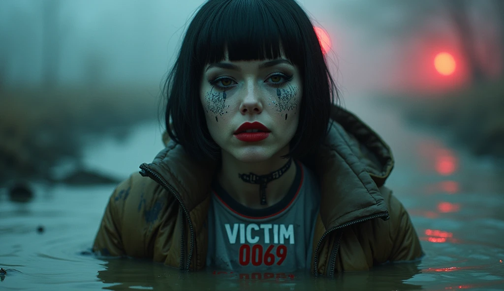 woman, bib "VICTIM 0069 DO NOT RESCUE", moncler ultra-short sporty collar only down jacket, muddy flared jeans, stuck in mud bog,pale ethnic patterns ritual makeup, cold, red lips, sexy posing, bob haircut, red fog, blue, green, posing, dynamic, sexy despair