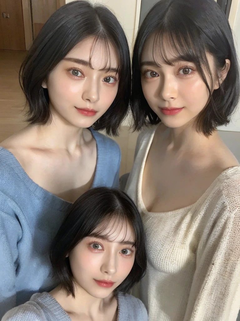 (masterpiece:1.3), (8k, Photoreal, Raw photo, best image quality: 1.4), Japanese high school girl、(random hairstyle:1.2)、cleavage:1.5、super detail face、eye for details、double eyelid、chest to chest、sharp focus:1.2、Beautiful woman:1.4、light brown hair、highest quality、masterpiece、超A high resolution、(Photoreal:1.4)、Highly detailed and professionally lit smiles、loose and light knitwear、shoulder out、thin、serious expression、short haired、deadly position
similar identical twins
All the girls have the exact same face, The two have the same face and figure, as if they were mirror images.