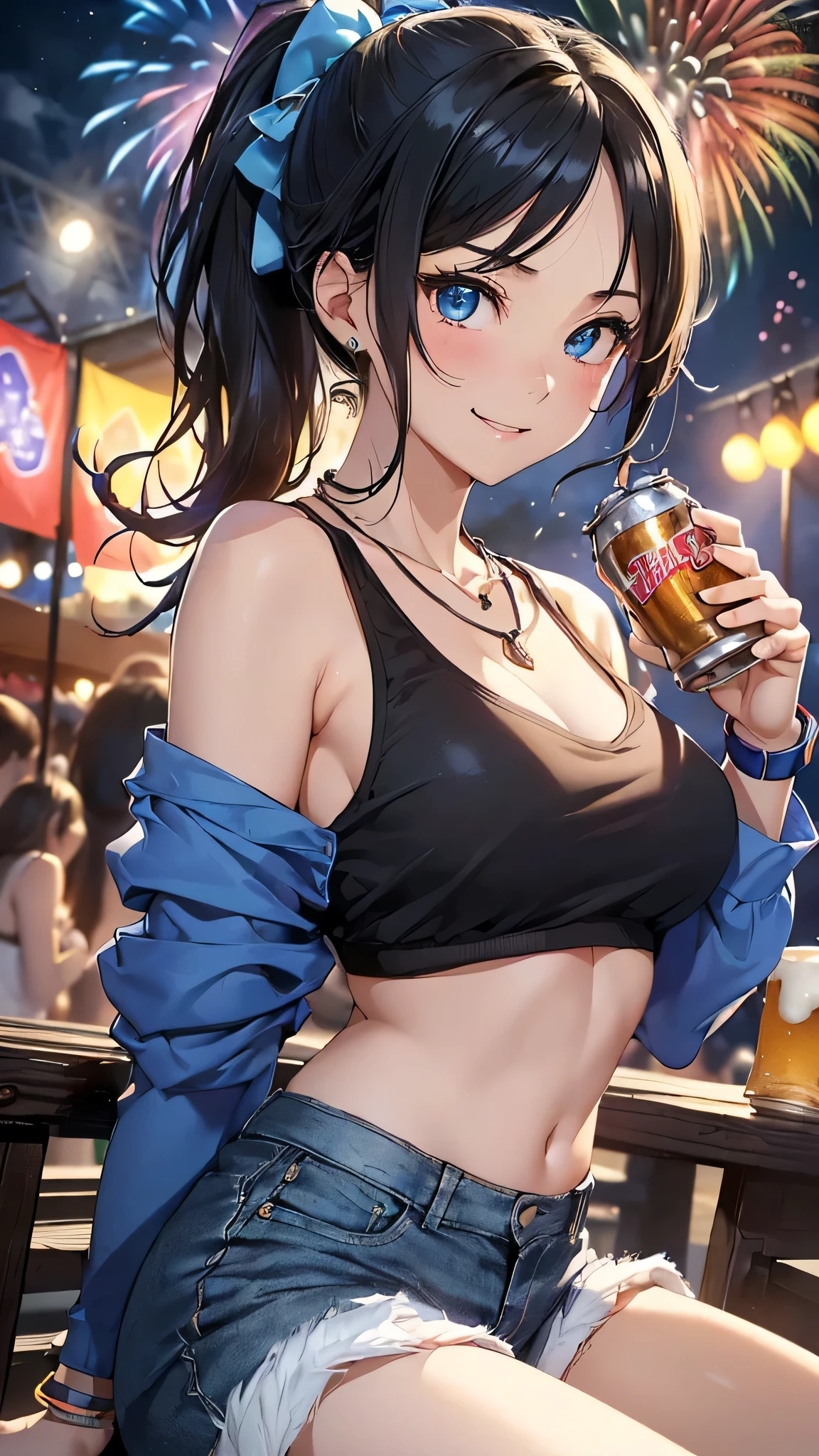 最high quality、Best image quality、masterpiece、With a girl((cute、20-year-old、Best Bust、Medium Bust、Beautiful Blue Eyes、Spread your chest wide,Black Hair、ponytail、Disheveled Hair、thin、Highest Valley、Blue Tank Top、Blue shorts、smile、Beer を持つ、Drunk、necklace、Wristband))high quality、Beautiful art、background((night、festival、stall、Fireworks、Beer )),Tabletop、Exquisite design、Visual Arts、Written boundary depth、Best lighting、Highest detail、8k