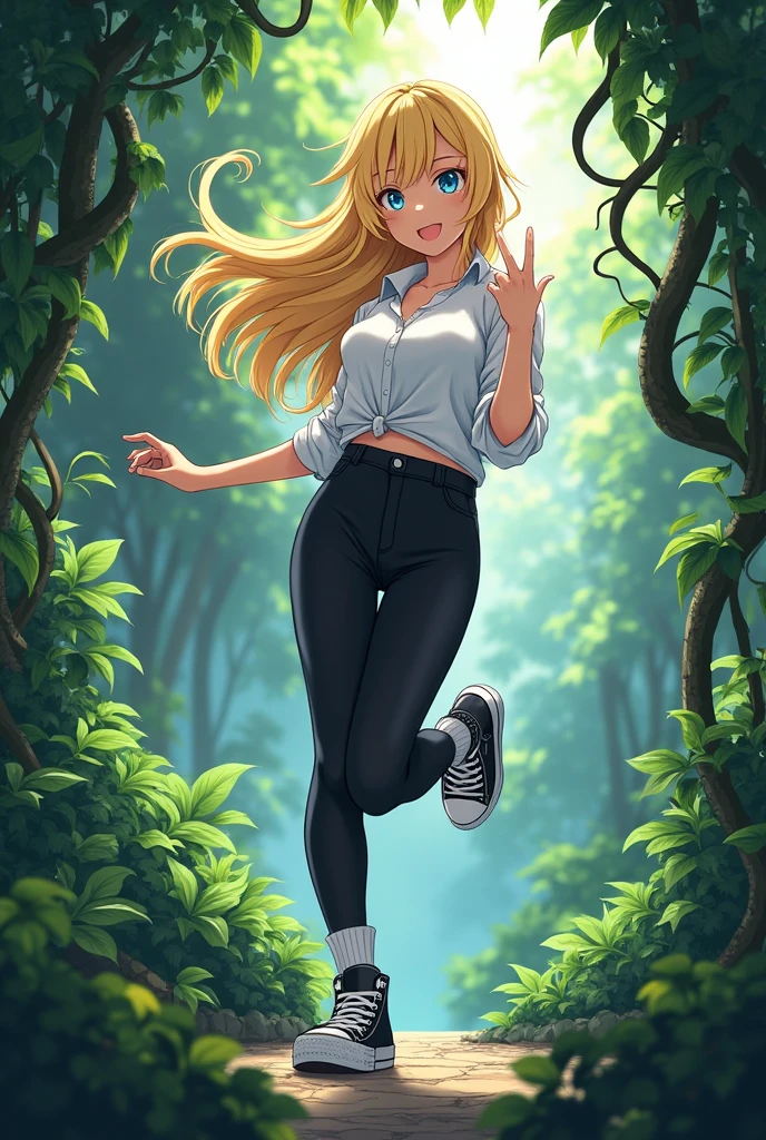 Beautiful anime girl, blonde hair, blue eyes, jungle background, vines coiled around her legs, black high top converse shoes, white socks, black leggings, white shirt, vines, kicking towards camera. 