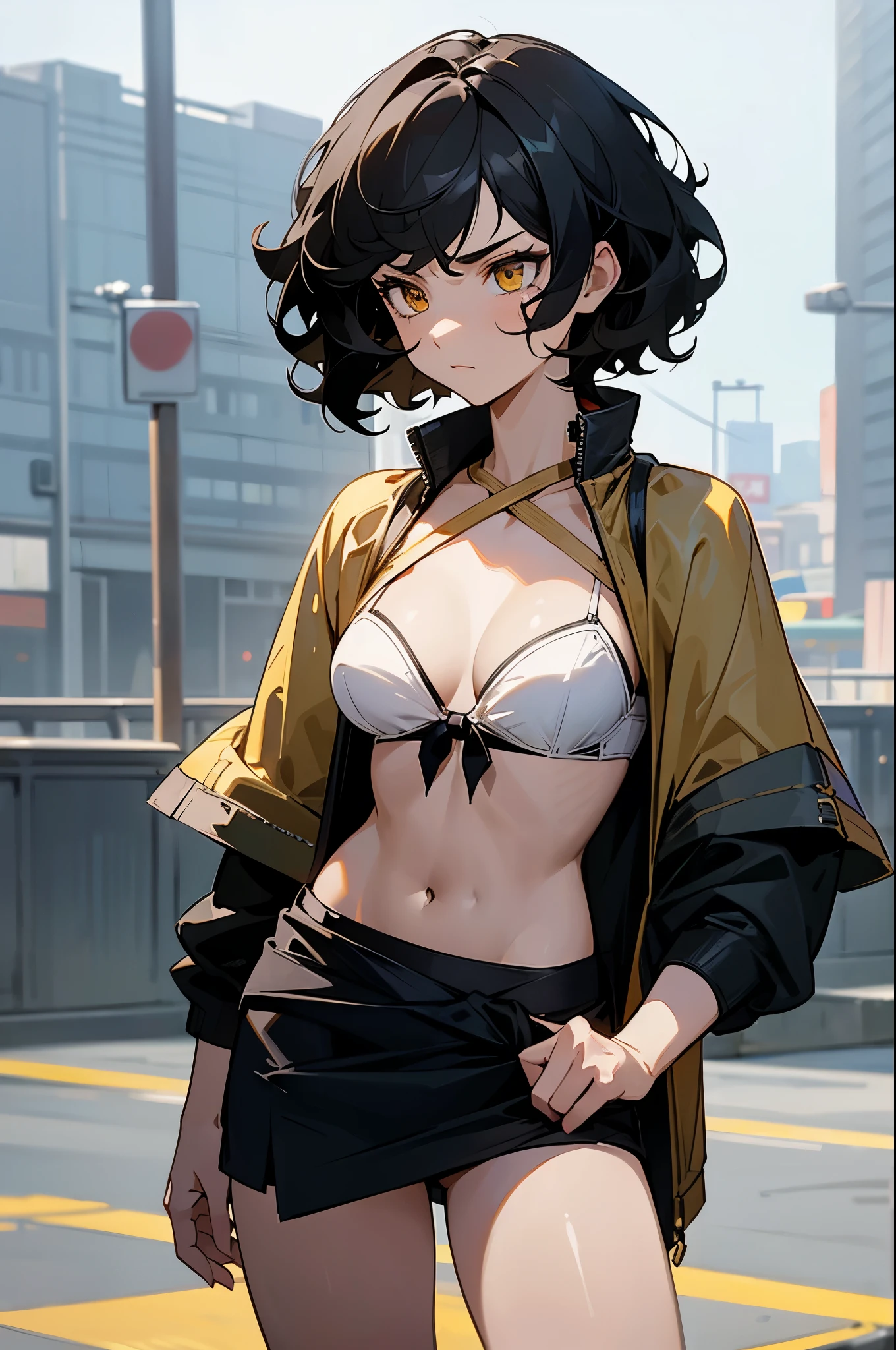 1female , undercut hair , wavy hair ,short hair, black Hair , golden Eyes , lean build ,teen female , Serious Expression , Modern City Background , modern city background,White Bra with A superman S symbol , Tied Skirt Around Waist , No Pants, beach wear