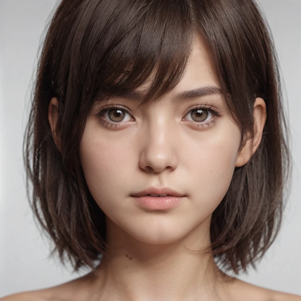 realistic, 14 year old female, nationality: sweden-japanese, brown-grey eyes, dark brown short hair, pale