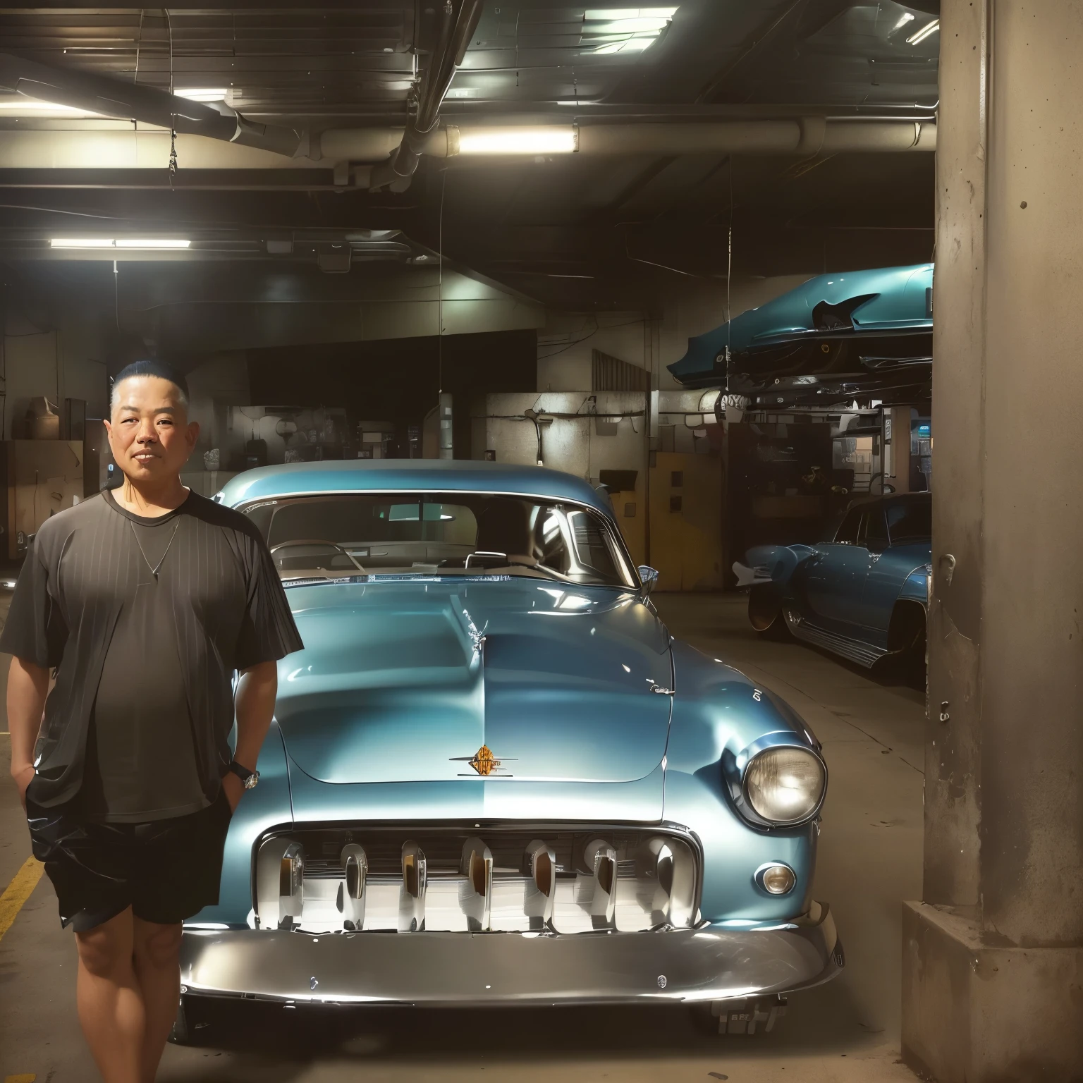 arafed man standing next to a silver car in a garage, stanley artgem lau, standing in front of lowrider, restomod, inspired by Rudy Siswanto, with big chrome tubes, captured on iphone, inspired by Hiroshi Honda, classic car, shot with iphone 1 0, inspired by Eddie Mendoza, by Eddie Mendoza, vintage car