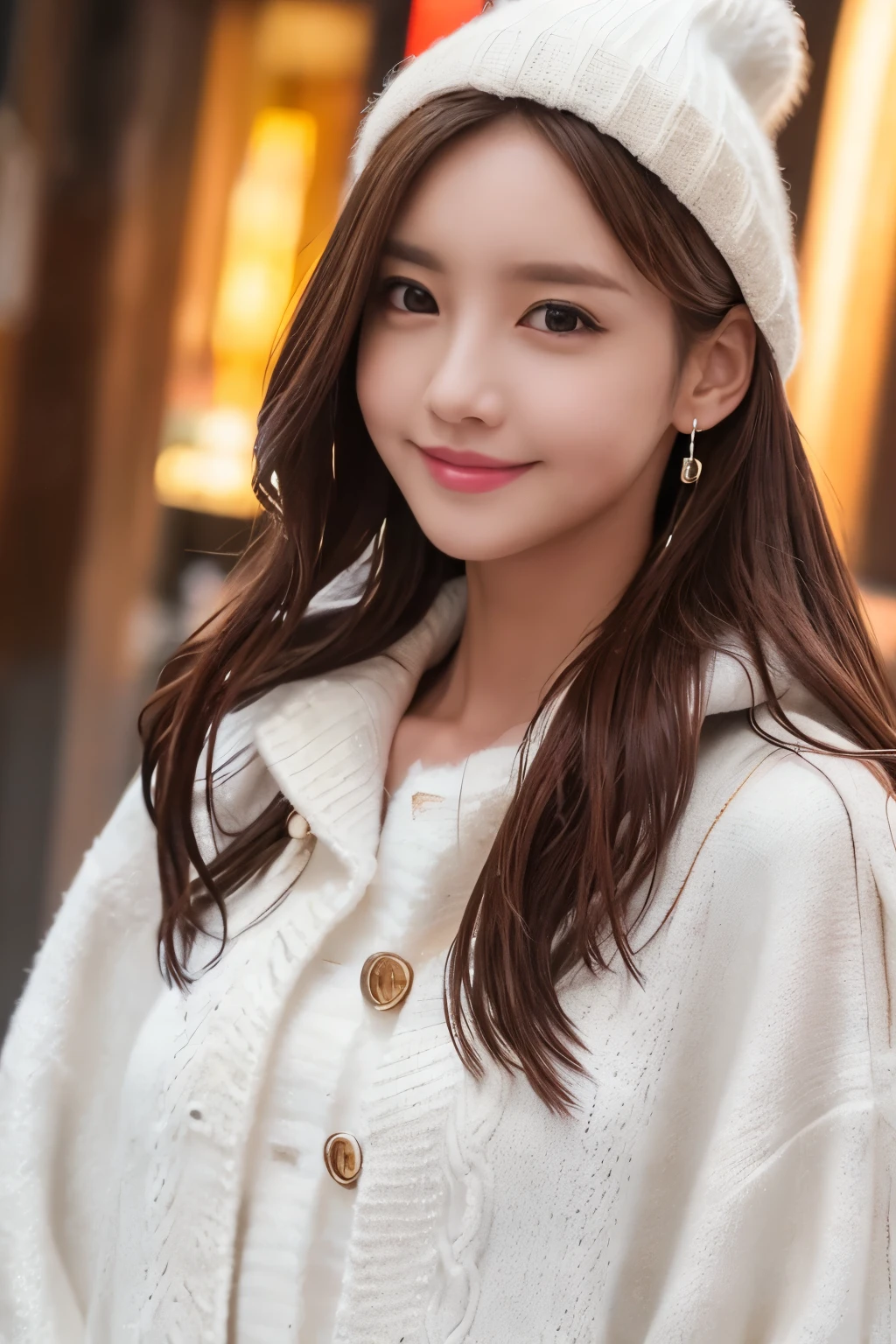 One Girl, (Wearing a white coat:1.2), (RAW Photos, Highest quality), (Realistic, Photorealistic:1.4), masterpiece, Very delicate and beautiful, Very detailed, 2k wallpaper, wonderful,((White sweater)) ,In detail, Very detailed CG Unity 8K 壁紙, Very detailed, High resolution, Soft Light, Beautiful detailed girl, Very detailed目と顔, Beautifully detailed nose, Beautiful attention to detail, Cinema Lighting, winterの夜景, illumination, Perfect Anatomy, Slender body, smile,((winter)),