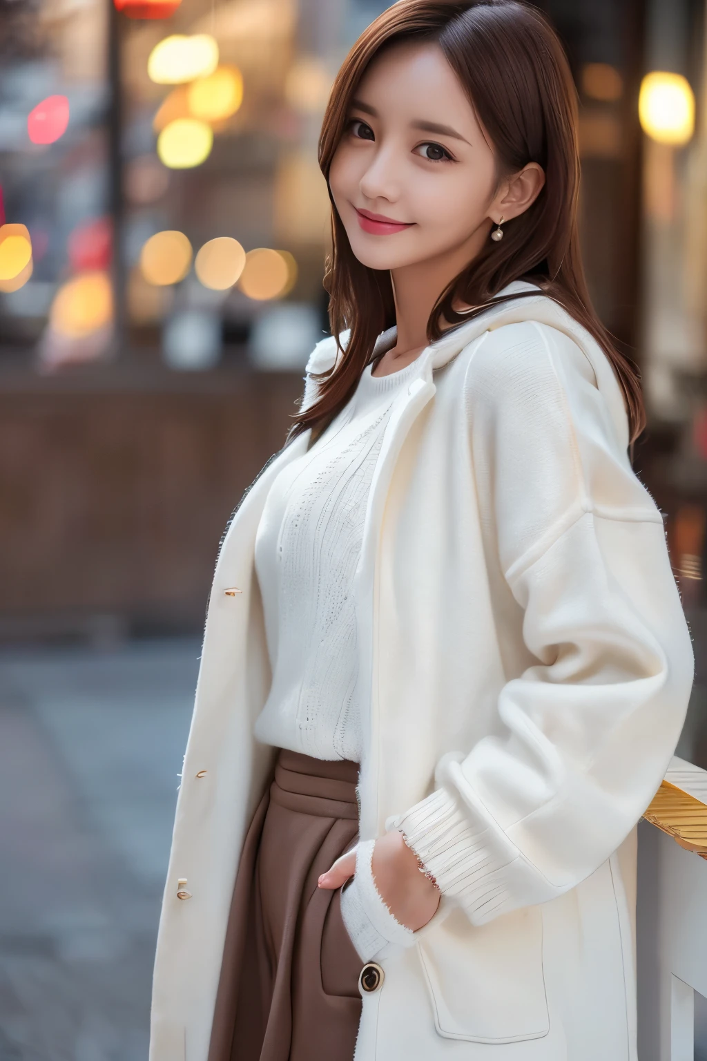 One Girl, (Wearing a white coat:1.2), (RAW Photos, Highest quality), (Realistic, Photorealistic:1.4), masterpiece, Very delicate and beautiful, Very detailed, 2k wallpaper, wonderful,((White sweater)) ,In detail, Very detailed CG Unity 8K 壁紙, Very detailed, High resolution, Soft Light, Beautiful detailed girl, Very detailed目と顔, Beautifully detailed nose, Beautiful attention to detail, Cinema Lighting, winterの夜景, illumination, Perfect Anatomy, Slender body, smile,((winter)),