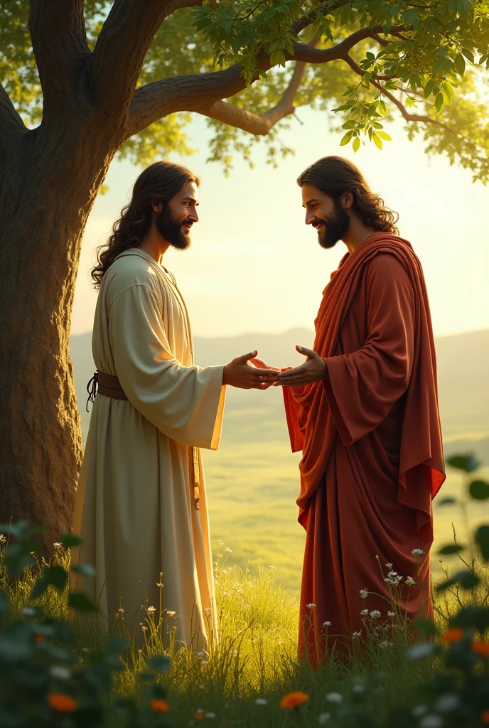 You can represent an image about what the following text says:
When Jesus saw Nathanael approaching him, said about him: Here is a true Israelite, in whom there is no deceit.
Nathanael told him: Where do you know me from?? Jesus answered and said to him: Before Felipe called you, when you were under the fig tree, I saw you.