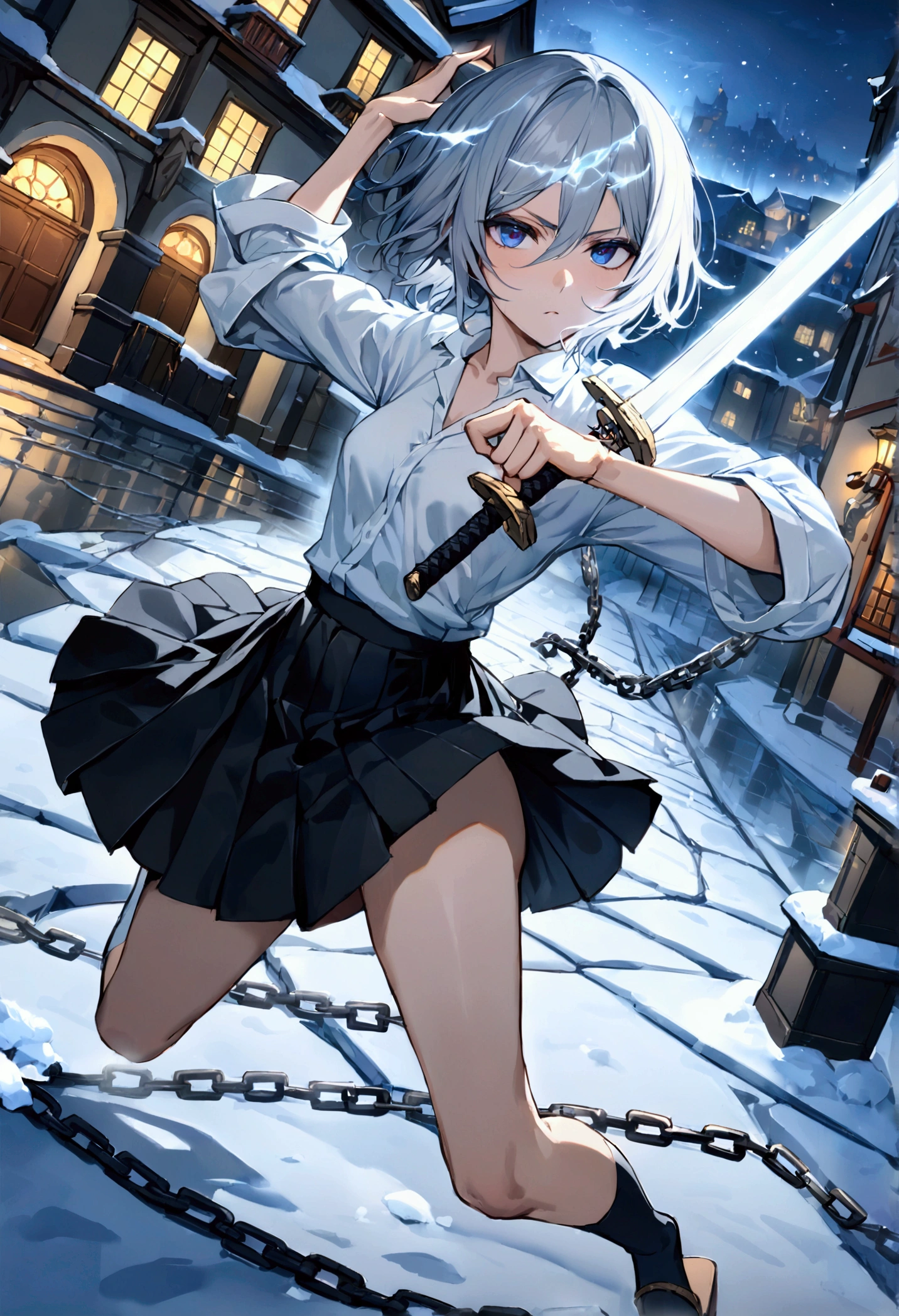 ((Highest quality)),((Very detailed)),(((Holding two swords))),((Pale-white shining sword,Two-Way,The swords are connected by a chain)), ((Town square at night,)), ((Blue mesh on hair)),masterpiece, Detailed face,Beautiful Face, Top view, (Fighting), ((ice,snow)),(Long-legged white shirt,Short black skirt,White floral pattern on skirt,White socks,geta)One girl,((Blue Eyes,Dynamic pose,A slightly fluffy shirt)) , Rukia, Gray Hair, short hair, Hair between the eyes, Purple eyes, Small breasts,cold