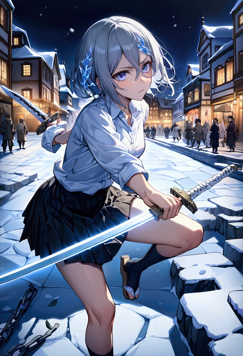 ((Highest quality)),((Very detailed)),(((Holding two swords))),((Pale-white shining sword,Two-Way,The swords are connected by a chain)), ((Town square at night,)), ((Blue mesh on hair)),masterpiece, Detailed face,Beautiful Face, Top view, (Fighting), ((ice,snow)),(Long-legged white shirt,Short black skirt,White floral pattern on skirt,White socks,geta)One girl,((Blue Eyes,Dynamic pose,A slightly fluffy shirt)) , Rukia, Gray Hair, short hair, Hair between the eyes, Purple eyes, Small breasts,cold