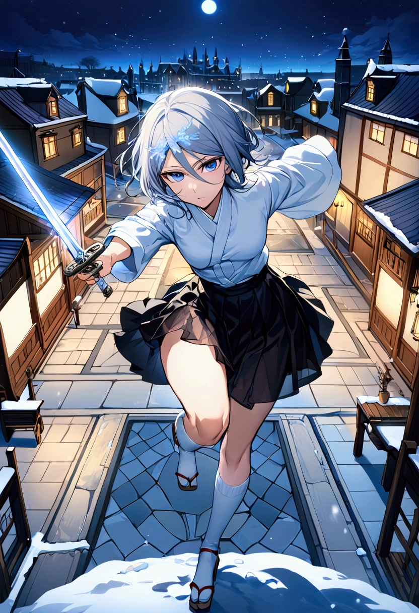 ((Highest quality)),((Very detailed)),(((Holding two swords))),((Pale-white shining sword,Two-Way,The swords are connected by a chain)), ((Town square at night,)), ((Blue mesh on hair)),masterpiece, Detailed face,Beautiful Face, Top view, (Fighting), ((ice,snow)),(Long-legged white shirt,Short black skirt,White floral pattern on skirt,White socks,geta)One girl,((Blue Eyes,Dynamic pose,A slightly fluffy shirt)) , Rukia, Gray Hair, short hair, Hair between the eyes, Purple eyes, Small breasts,cold