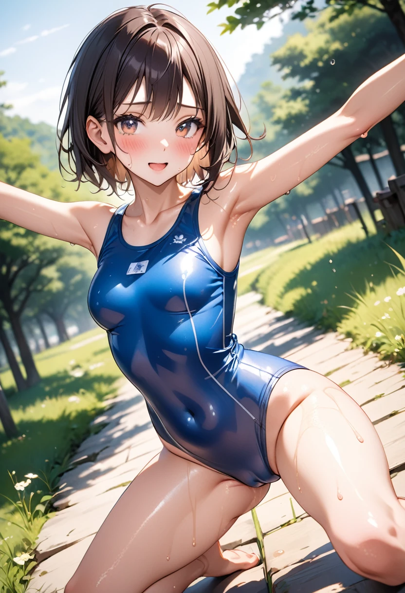 (((A woman playing in midsummer in Japan))), ((school swimsuit)),, ((Shiny Costumes)), skindentation, skinny, solo, 1 woman, Masterpiece, highest quality, highest quality, 16K, incredibly absurd, highly detailed, 2.5D, ai-generated, delicate and dynamic, very delicate facial expressions, delicate eye depiction, erotic, only sexy woman, ((A cute and kind face)), healthy figure, ((25-year-old woman)), 160cm tall, medium firm swaying bust, Dark Hair, blush, Sweat,Embarrassed,sexy, ((thin thighs)),, (camel toe:0.7), (visible nipples:0.7), (Erect nipples,:0.7), shiny and lustrous, facing straight at viewer, (((in heat))), ((Oily_skin)), ((Lots of sweat)), (((Brown Skin))), ((dutch angle)), ((erotic pose)), ((On a hot summer afternoon on a bank in the Japanese countryside)),, (((Very dynamic pose))),