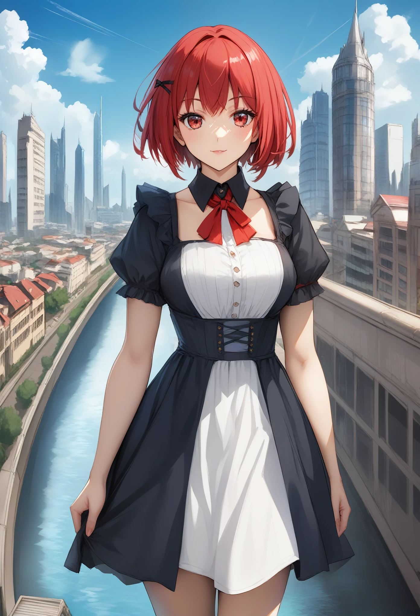 score_9, zPDXL2, 1girl, bangs, black_hair, beautiful 8k eyes, blue_sky, bridge, building, castle, city, cityscape, cloud, day, dress, looking_at_viewer, outdoors, red_neckwear, red_ribbon, ribbon, river, short_hair, short_sleeves, sky, skyscraper, solo, standing, town, water