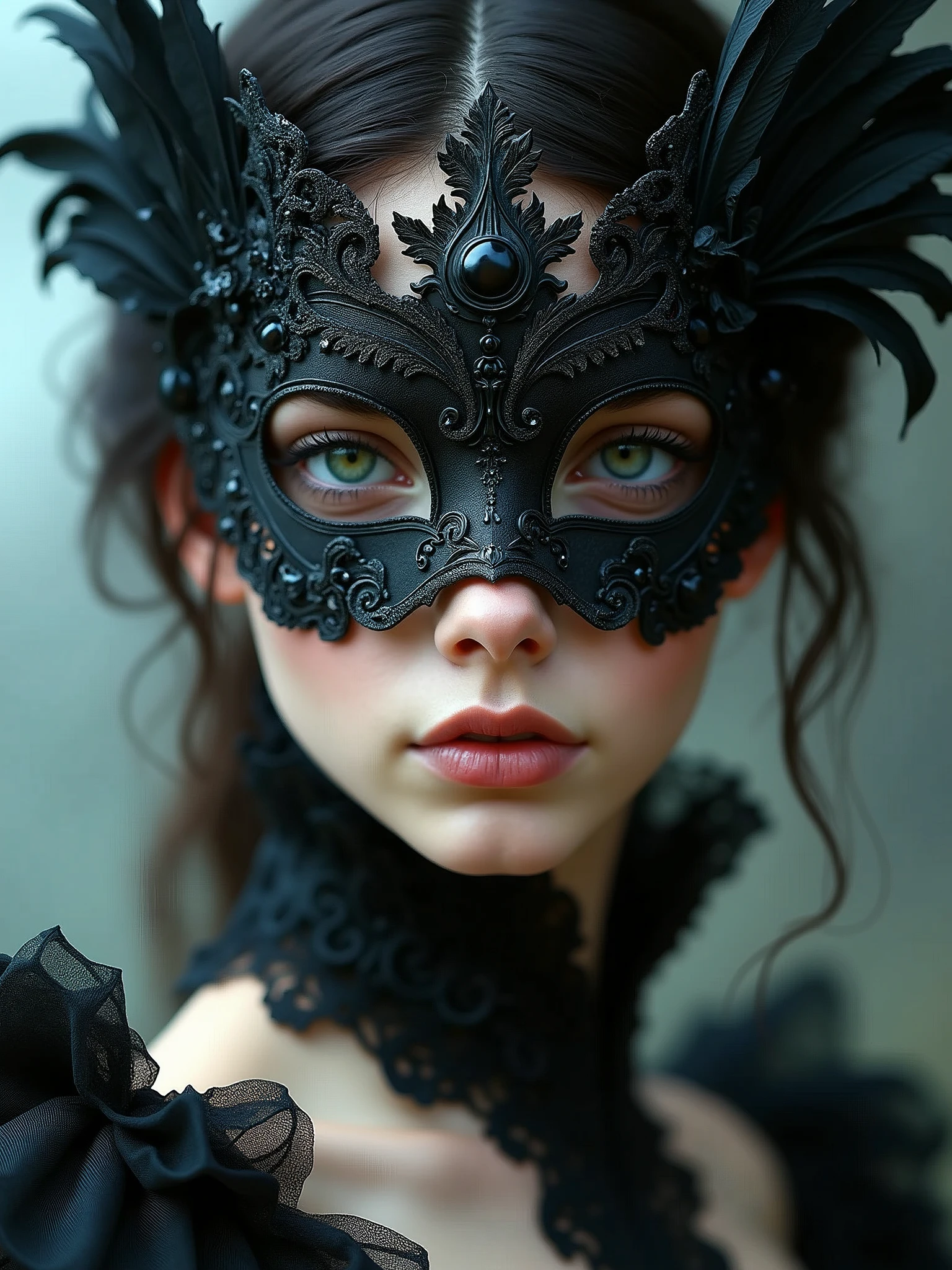 a close up of a GIRL wearing a mask, cgsociety contest winner, gothic art, wearing fantasy formal clothing, high quality fantasy stock photo, maxim sukharev, wearing intricate black choker