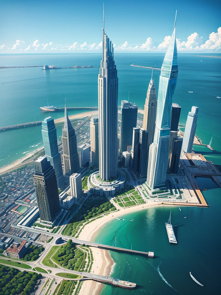 a sea that ends in a modern city landscape with tall detailed buildings. no people.