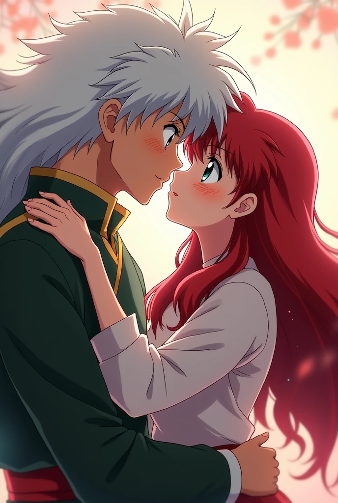 A cute girl with long wavy red hair, with beautiful blue-green eyes this one kissing inuyasha, that Inuyasha has his hair white 