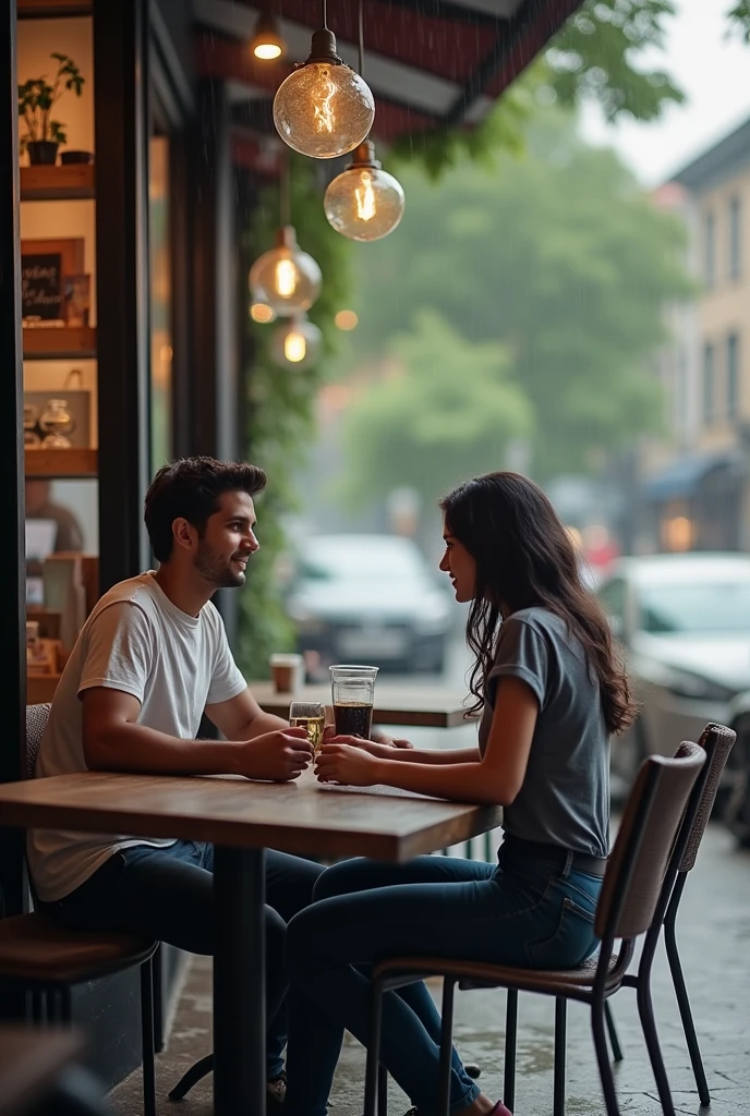 A boy age 27 south India from andhrapradesh wear jeans and t-shirt dusky skin and he came to a coffee shop and there was a girl age 25 north India from mumbai looks very modern she wears western dress looks very beautiful and active both of them were met accidentally in a coffee shop and having coffee outside the weather was cloudy and its raining