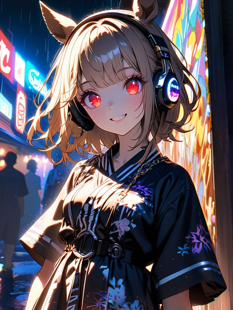 1 girl, chromatic aberration, Written boundary depth, Soft Light, masterpiece, Highest quality, complicated, Tone Mapping, Very deしっぽed, A bank where fireworks are set off at a festival, Concept Art, Smooth, Clear focus, Dramatic lighting, Very deしっぽed artwork, movie, super practical painting, アートステーション's trending, 8k, Incredible Shadows, practical, (Very deしっぽed background:1.0), whole body, View, Viewers, Portrait of a Girl 1, standing on street corner, Heavy rain and lightning、Dark Sky, neon and cyber punk background, she is dressed in punk clothing with silver chains and silver spikes, Her hair was dyed light brown.......,The middle part is black, She is wearing headphones, Deしっぽed red eyes with clear pupils, Ominous aura of light, smile, punk, ciber punk, Backlight.Fashionable clothes、Horse-friendly dress code: yukata.A normal girl without horse ears.My breasts are a little large