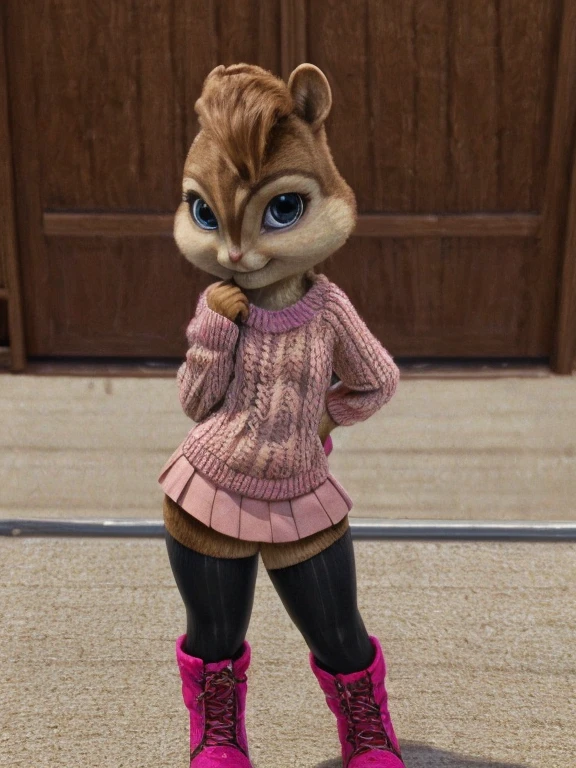 score_9, score_8_up, score_7, score_6, Hollywood, brittany miller, chipmunk, furry, short ears, pink sweater, pink skirt, pink skirt, black leggings, pink boots, looking at viewer, 6 inches tall,