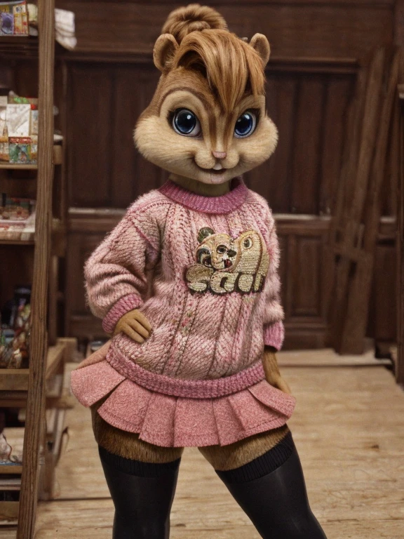 score_9, score_8_up, score_7, score_6, Hollywood, brittany miller, chipmunk, furry, short ears, pink sweater, pink skirt, pink skirt, black leggings, pink boots, looking at viewer, 6 inches tall,
