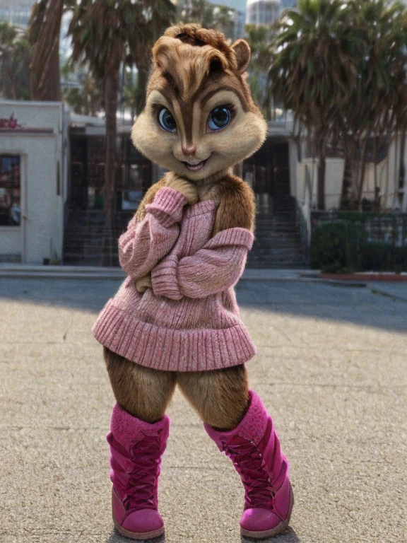 score_9, score_8_up, score_7, score_6, Hollywood, brittany miller, chipmunk, furry, short ears, pink sweater, pink skirt, pink skirt, black leggings, pink boots, looking at viewer, 6 inches tall,