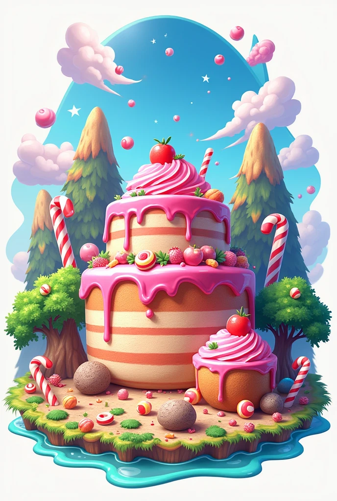 I need a logo for a candy store called Candy Island, I want the island inspired by Big Mom's island from the anime One Piece and I want a jar cake in the center of the logo, put a smaller cake