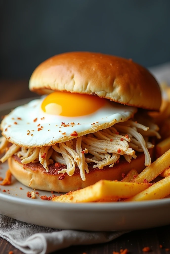 Shredded white chicken burger with fried egg and fries another take



