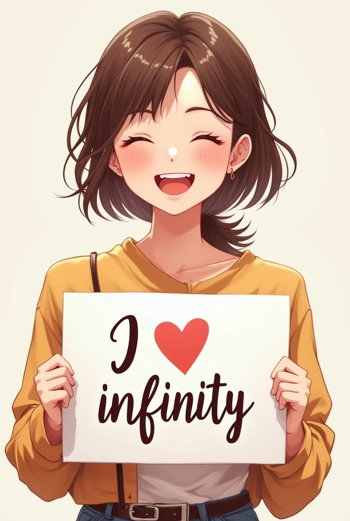 A beautiful and cute woman holding up a sign "I love infinity", Joyful, Happy, Anime illustration, Realistic, oil