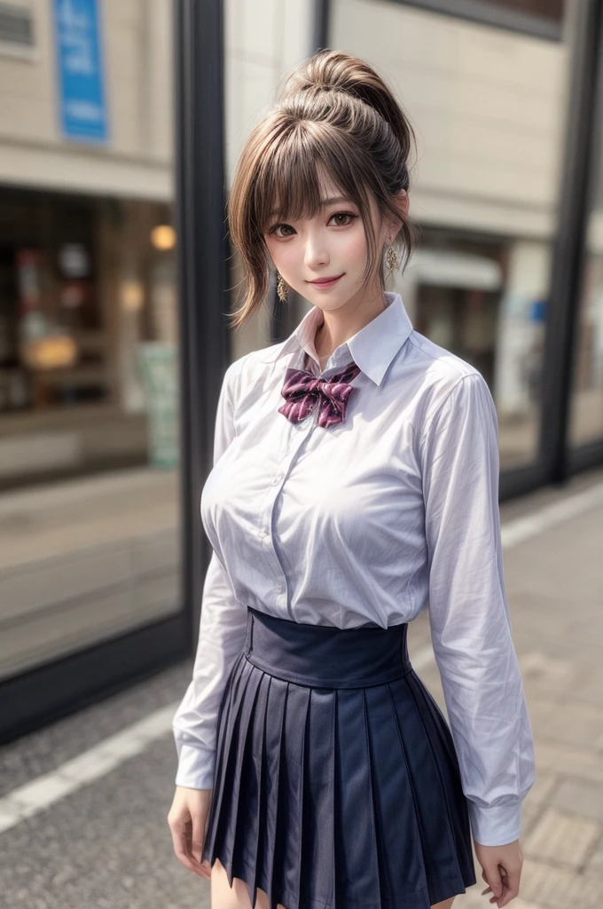 Kujikawa Def,ponytail,blazer,school uniform,Seraph of the Black,Long sleeve,skirt,Knee socks,jewelry,Earrings,Are standing,Open chest,
Highest quality, Very detailed, masterpiece, Absurd,8k, photoRealistic, Realistic,Detailed skin texture,Detailed pupil,High resolution,Natural light,
One girl,alone,(Happy:1.1),(smile:1.2),short hair,Brown Hair,(Angular face:1.2),Shining Face,Large Breasts, Tight waist, Lip Makeup,