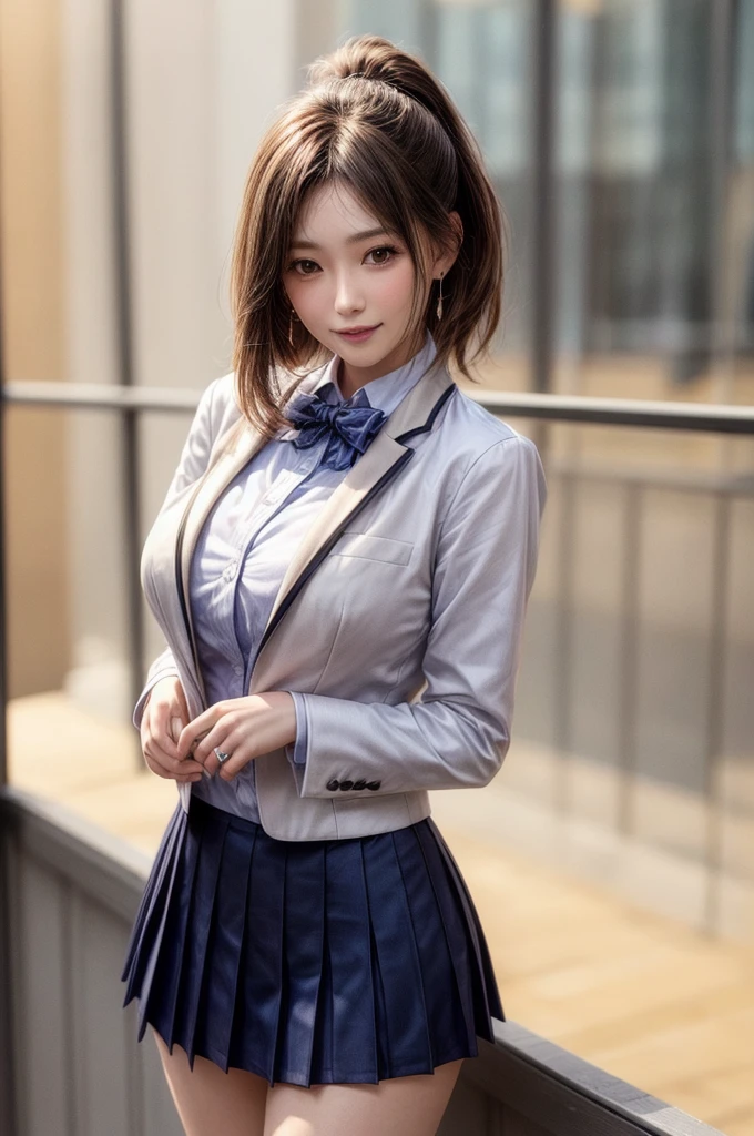 Kujikawa Def,ponytail,blazer,school uniform,Seraph of the Black,Long sleeve,skirt,Knee socks,jewelry,Earrings,Are standing,Open chest,
Highest quality, Very detailed, masterpiece, Absurd,8k,   photoRealistic, Realistic,Detailed skin texture,Detailed pupil,High resolution,Natural light,
One girl,alone,(Happy:1.1),(smile:1.2),short hair,Brown Hair,(Angular face:1.2),Shining Face,Large Breasts, Tight waist, Lip Makeup,