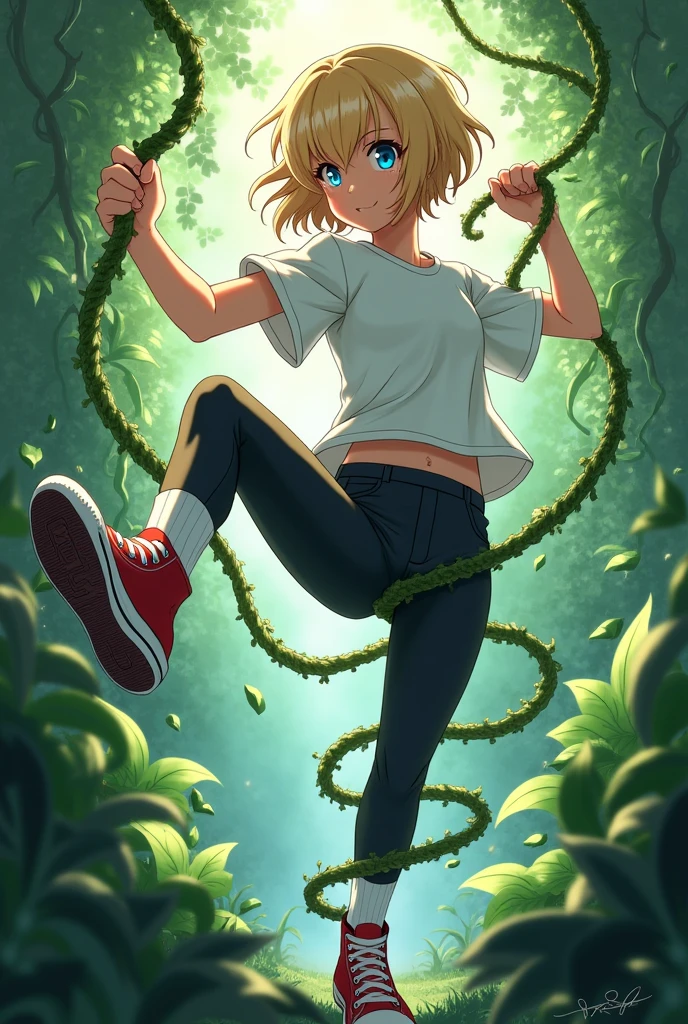Beautiful anime girl, blonde hair, blue eyes, jungle background, vines coiled around her legs, black high top converse shoes, white socks, black leggings, white shirt, vines, kicking towards camera. 