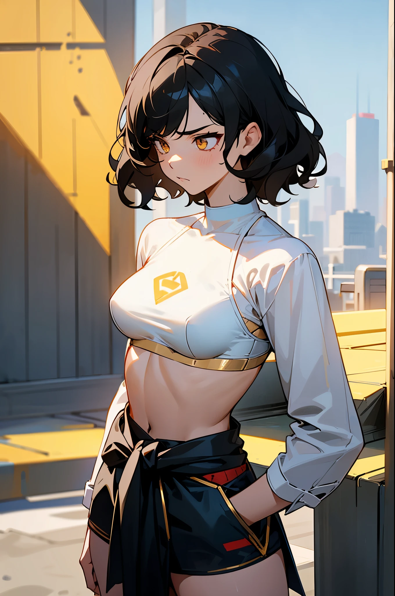 1female , undercut hair , wavy hair ,short hair, black Hair , golden Eyes , lean build , female , Serious Expression , Modern City Background , modern city background,White Bra with A superman S symbol , Tied Skirt Around Waist , No Pants, beach wear