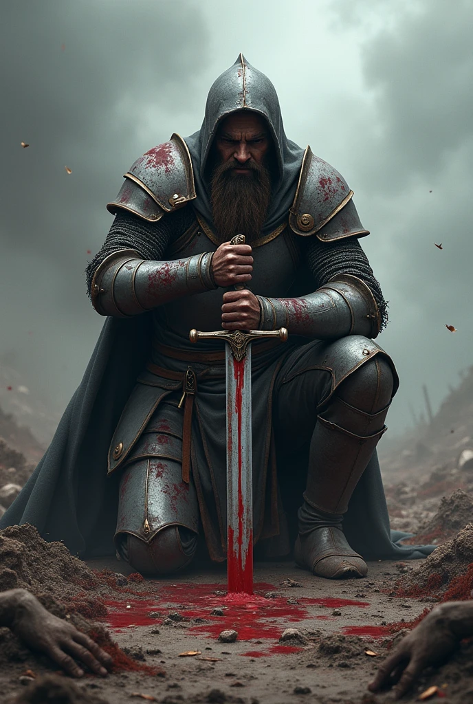 Kneeling bloody elden ring knight wielding a sword