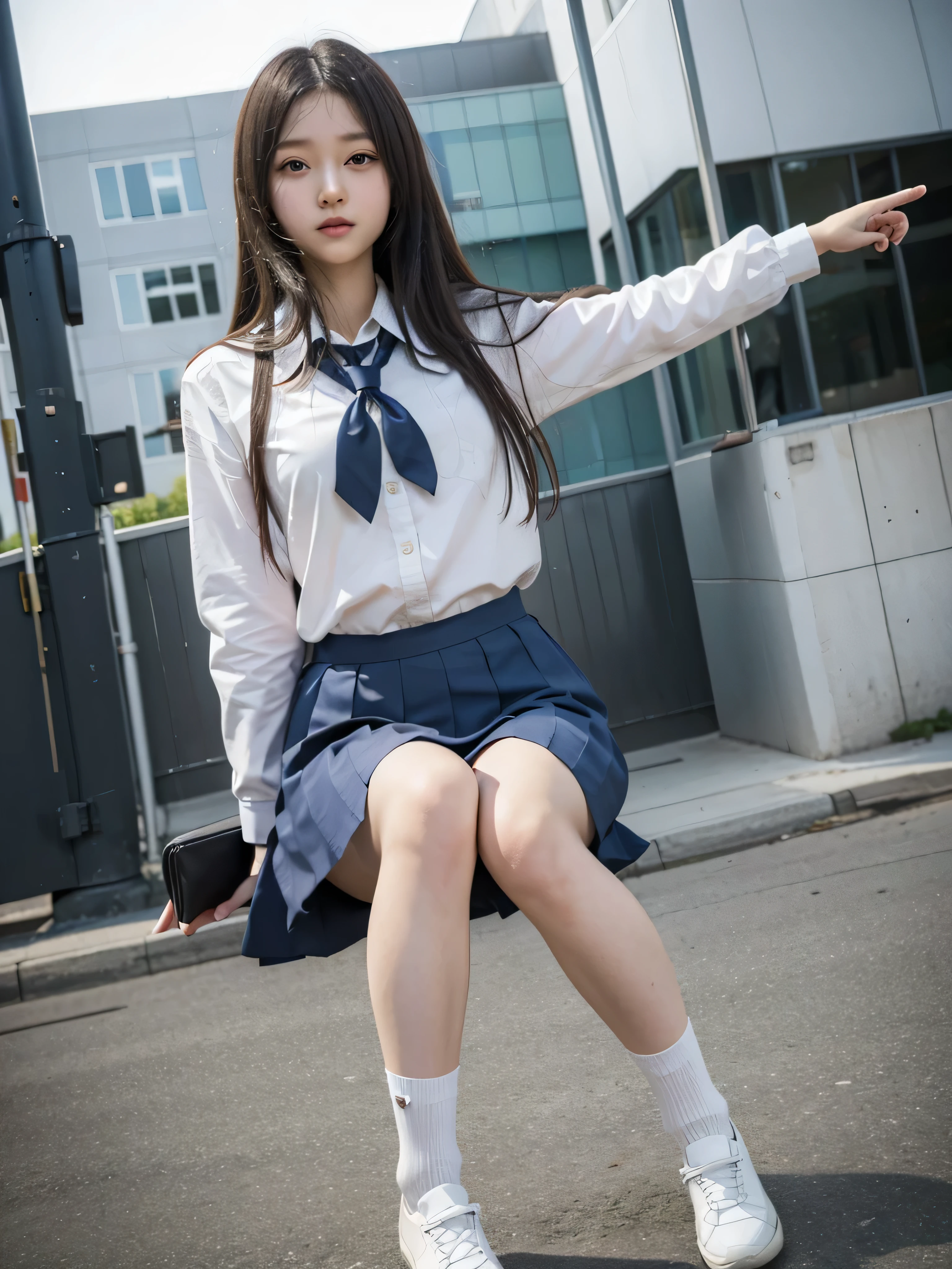 right leg ((kicks in the air)), bravelly, thin legs, tight skirts, left leg heels on the ground on, sidewalk, RAW photos, 8K, highest quality, ultra-high resolution, beautiful faces detailed, real human skin, gentle expressions, Front view, angle from below, long hair, realistic, photorealistic, cute, short skirt,  in the city, cute school girl, Japanese  uniform, wearing Japanese school uniform, surreal high school girl, whole body,