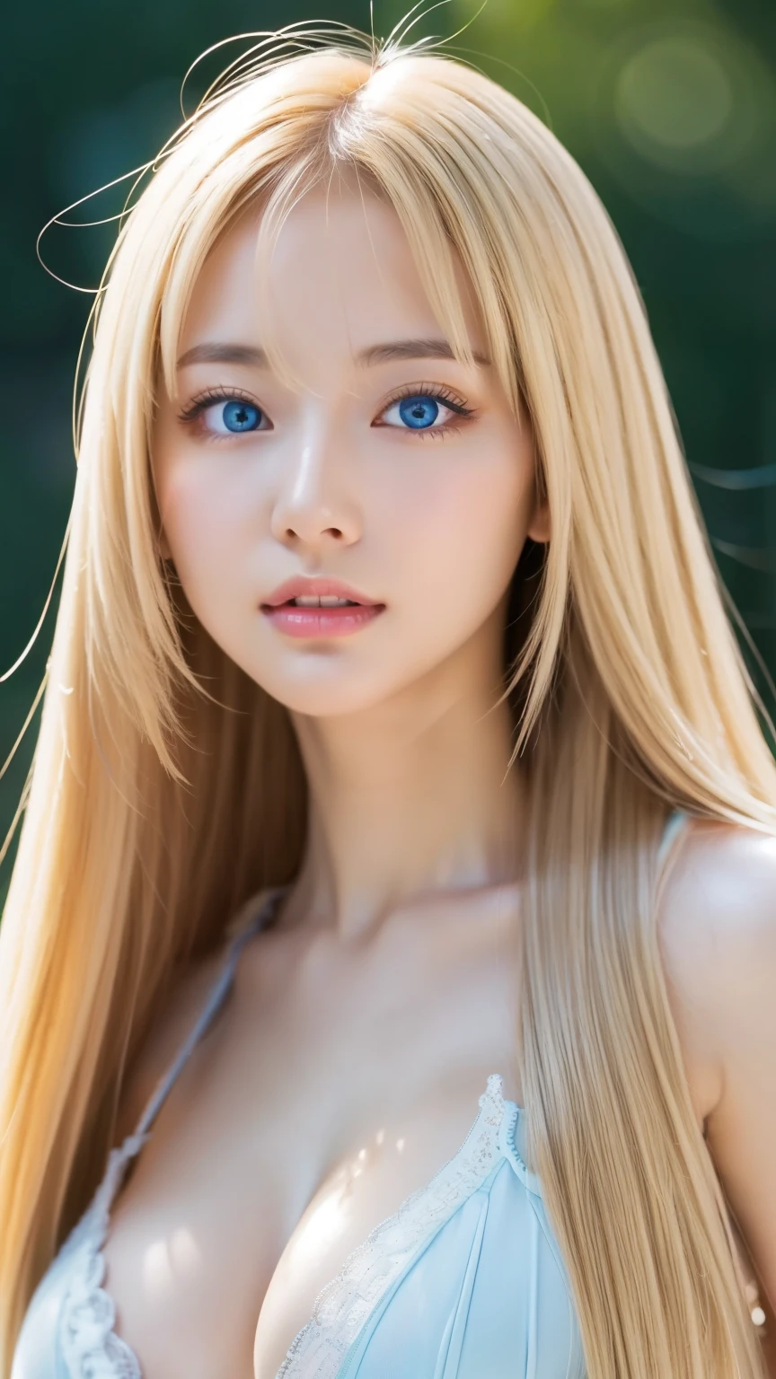 Very beautiful super long straight blonde hair、Beautiful bangs between the eyes、The pieces fly, Highest quality, figure, Extremely detailed, High resolution, 8k wallpaper, Perfect dynamic composition, So beautiful、Large bright light blue eyes with shining detail、Very big eyes, Fitness Wear, Natural color lip,There is cleavage in the chest、Cheek gloss highlighter、White skin、Small Face Beauty、Beautiful girl at 22 years old、Round face