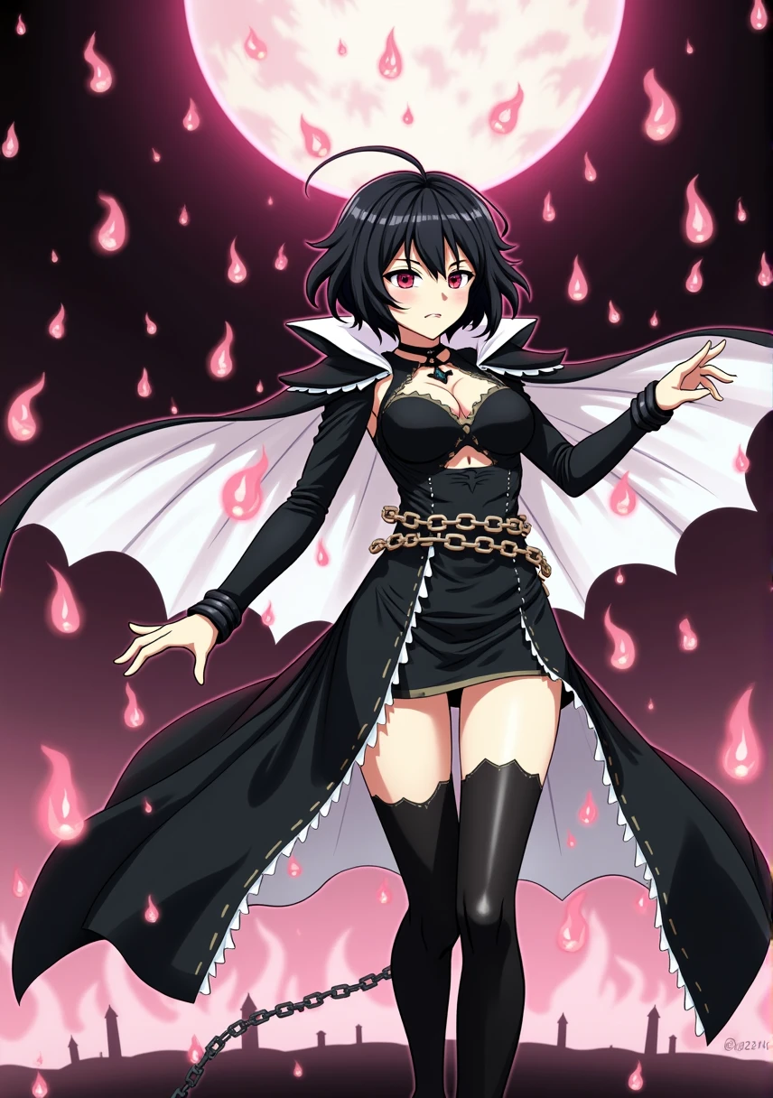 anime screenshot, 1 adult girl, dark sorceress witch, magic battle scene, powerful sorcery technique, anime tv, anime fantasy shonen, dark fantasy, magic ability, pink fire skeletons, cel shading: adult female witch in attack stance, crawling ready to attack, chained in holy shackles, very short charcoal black hair covering her face as if very dark and light, a look of murderous madness and an athletic body, dark torn clothes with a long dirty torn dress, skeleton flames pink summoning