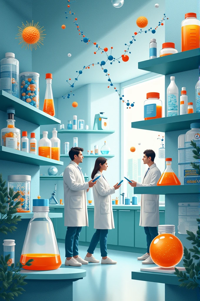 Biotech lab or research facility with medicines, equipments and molecular structure represent in graphical manner, and molecular techniques images collage it, and represent teamwork, adaptability and passionate biotech as well as botany use blue, white, green, gray, and orange. For linkedin background cover profile