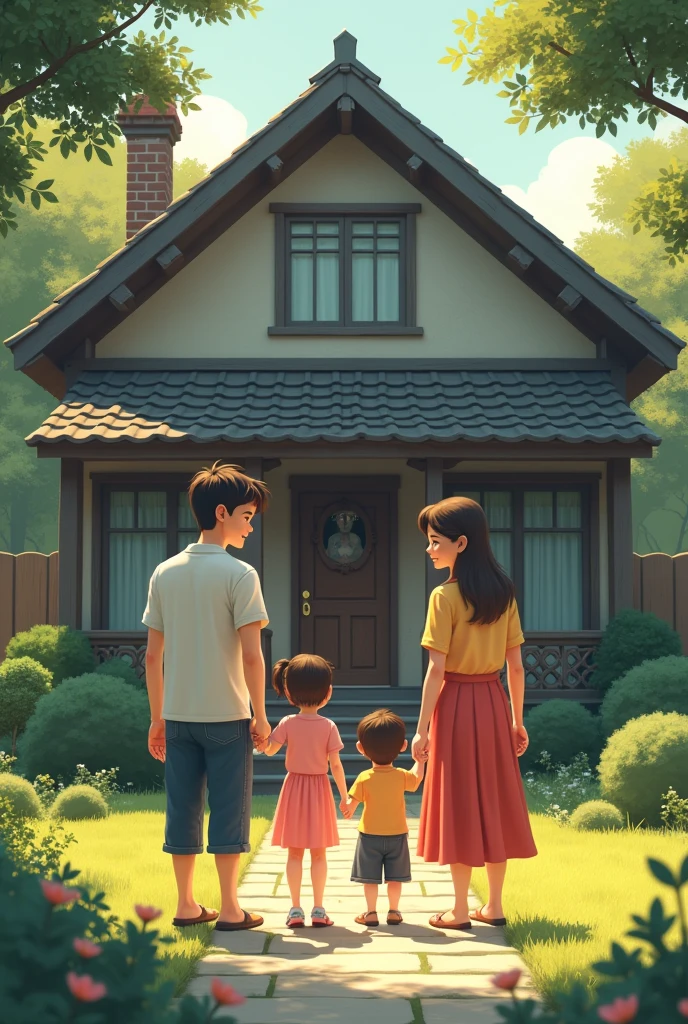 Make a picture of a house in front of which there is a family holding hands, then across the house there was a woman standing looking