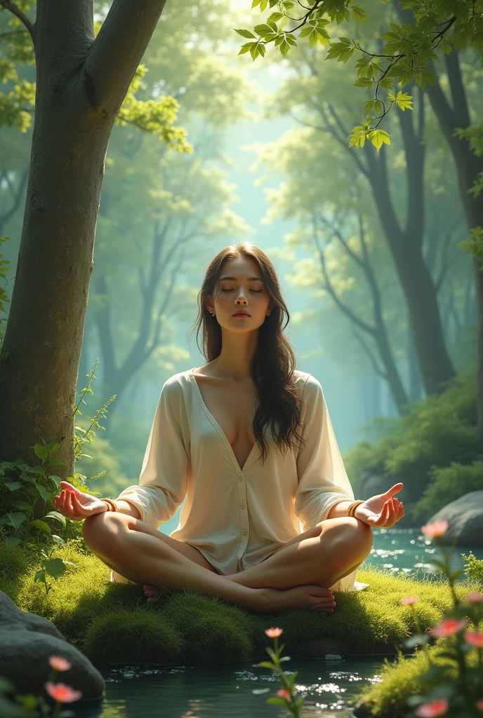 Create woman doing meditation in nature
